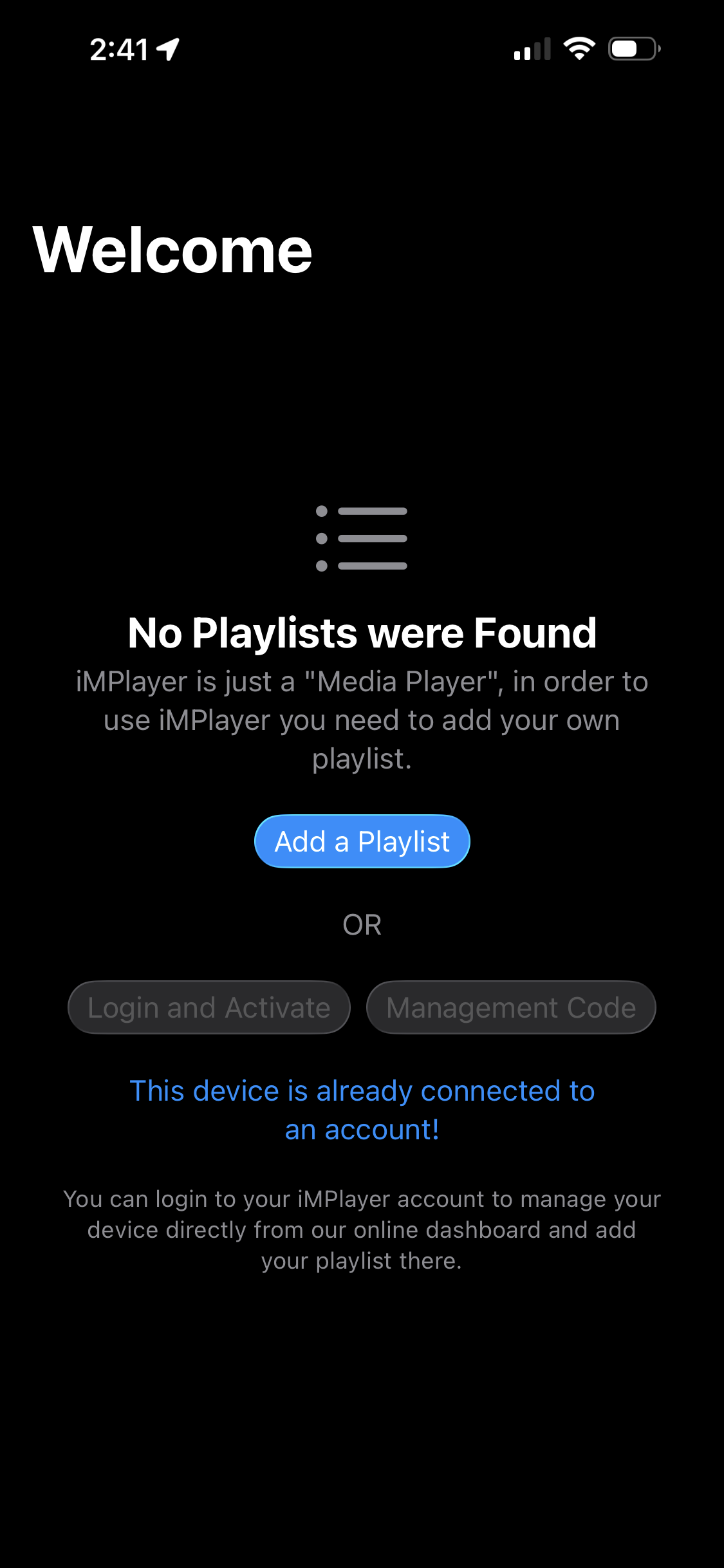 iMPlayer home screen with Add Playlist button