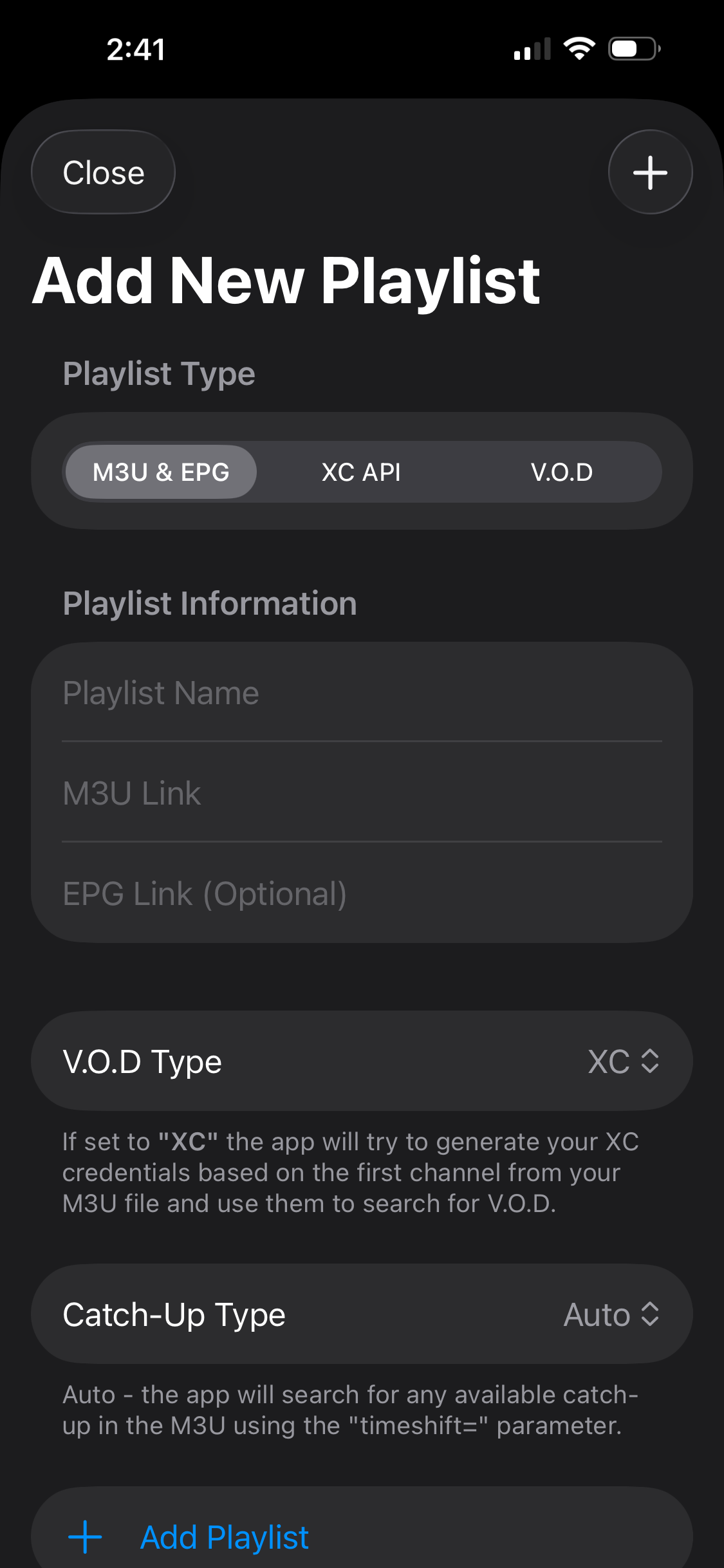 iMPlayer playlist type selection screen