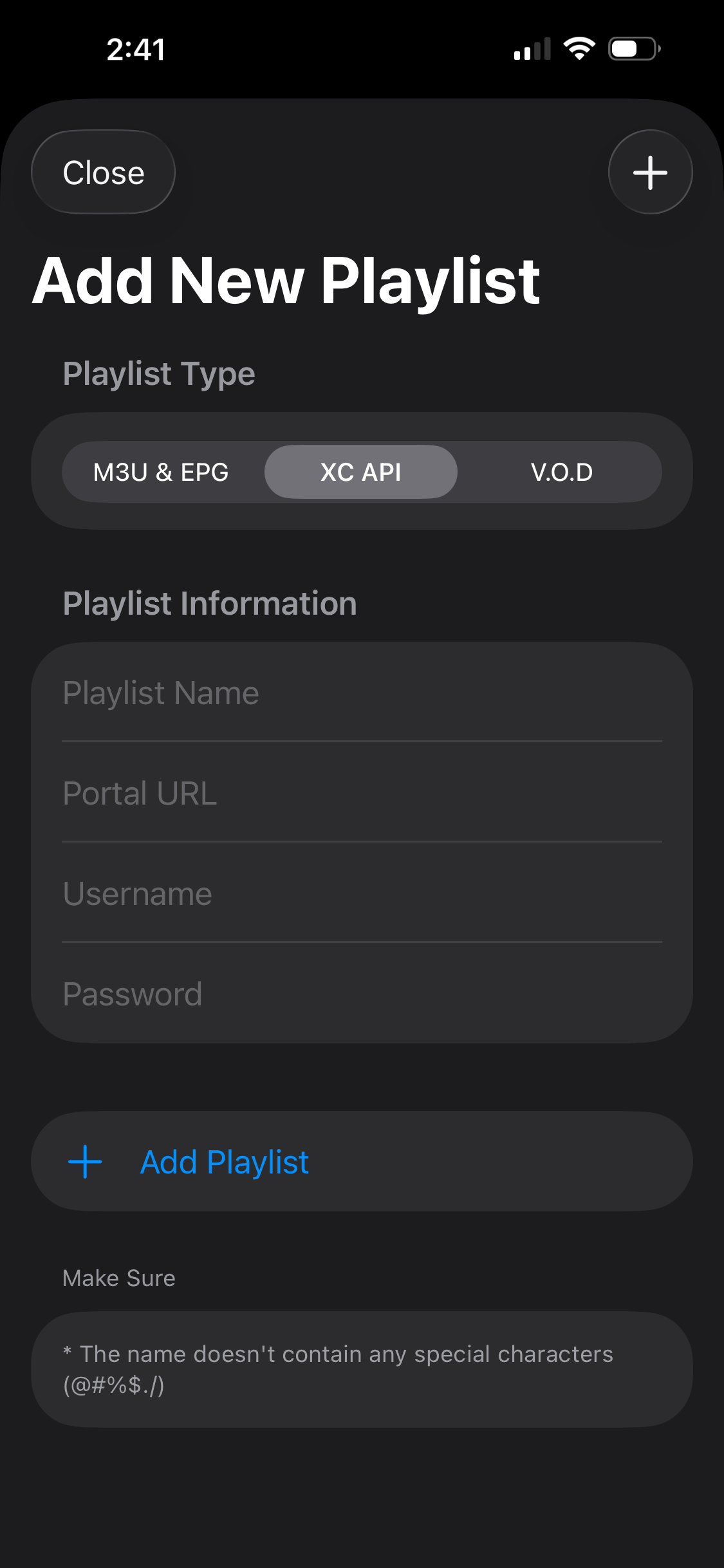 XC API login fields
